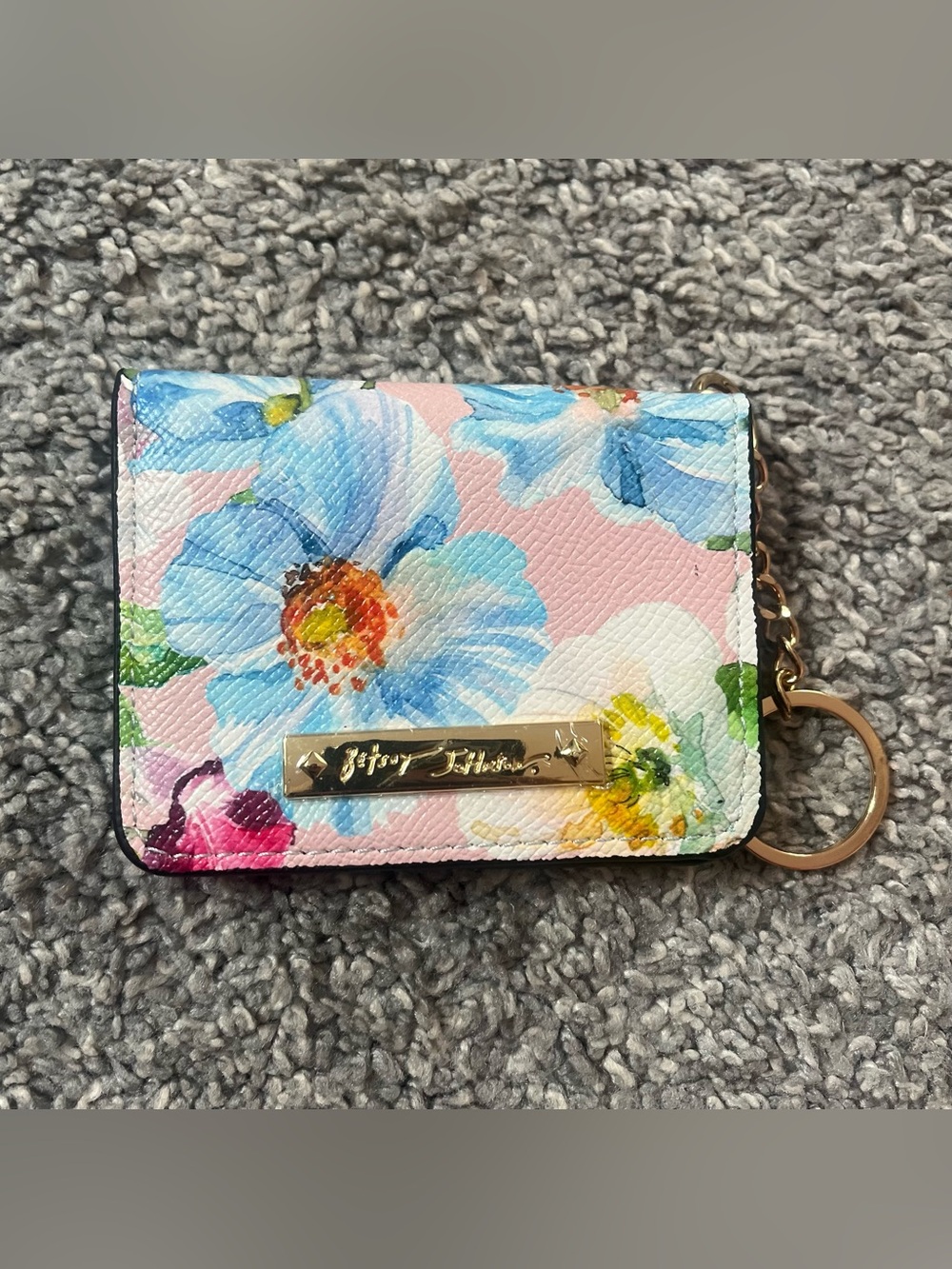 Betsey Johnson Bright Floral Card Holder Keychain/Wallet - Pink Blue Flowers